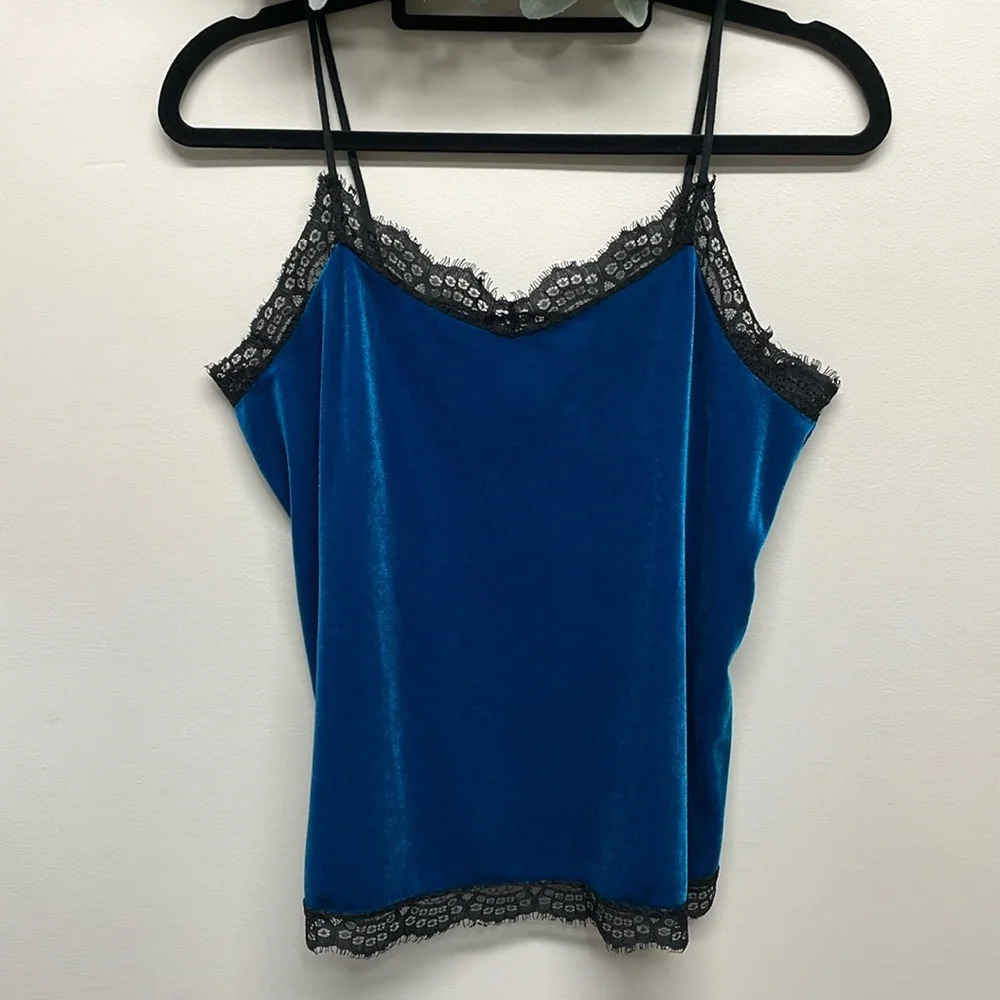 White House Black Market Blue Velvet Camisole with Black Eyelash Lace S